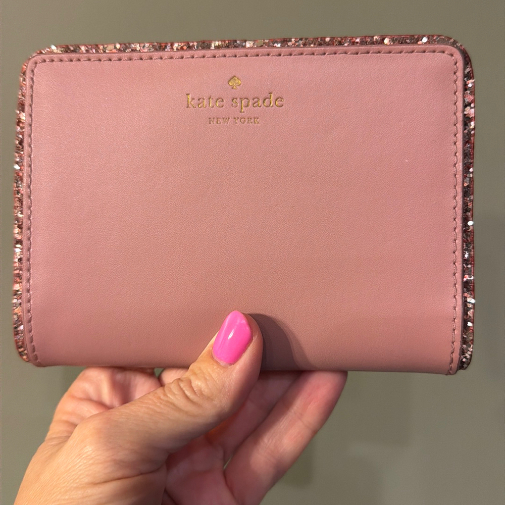 Kate Spade Tellie Bifold Wallet Dusty Peony Pink Glitter Trim WLRU5165